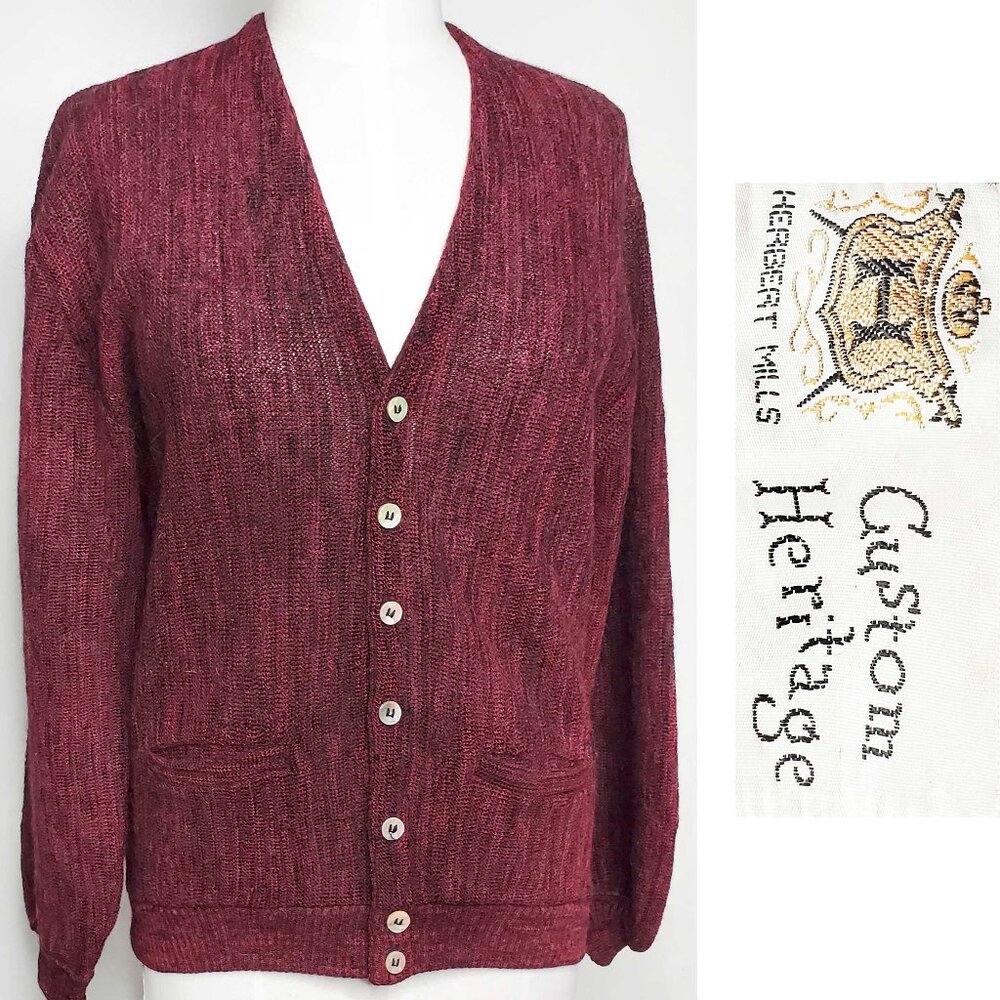 Vintage 60s Custom Heritage Men's Alpaca Burgundy Black V-neck Knit Cardigan M